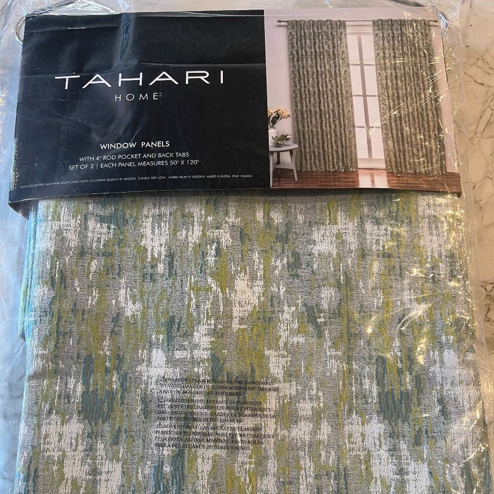 NIB Tahari Home Jacquard Window Silver/Green Panels LONG - 2 Panels/Set